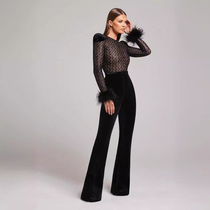 Faith I Fur Sleeves Lace Slim Fit Jumpsuit