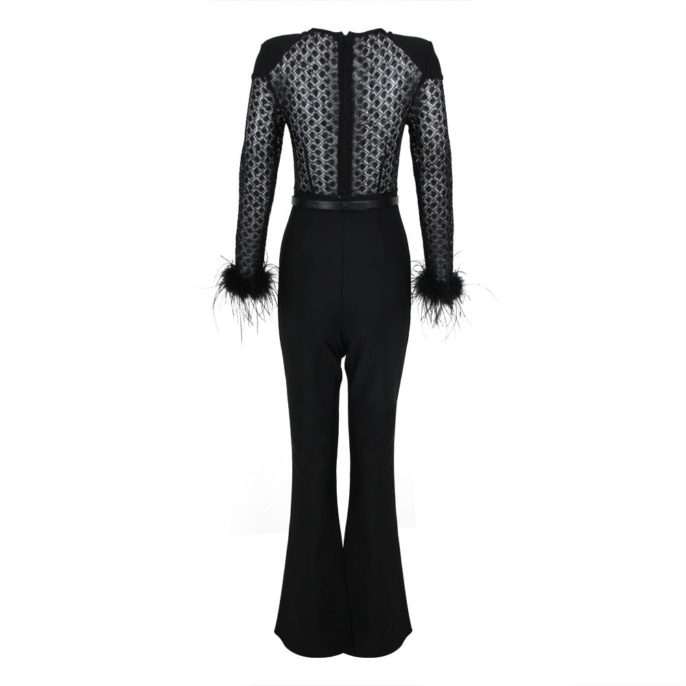 Faith I Fur Sleeves Lace Slim Fit Jumpsuit