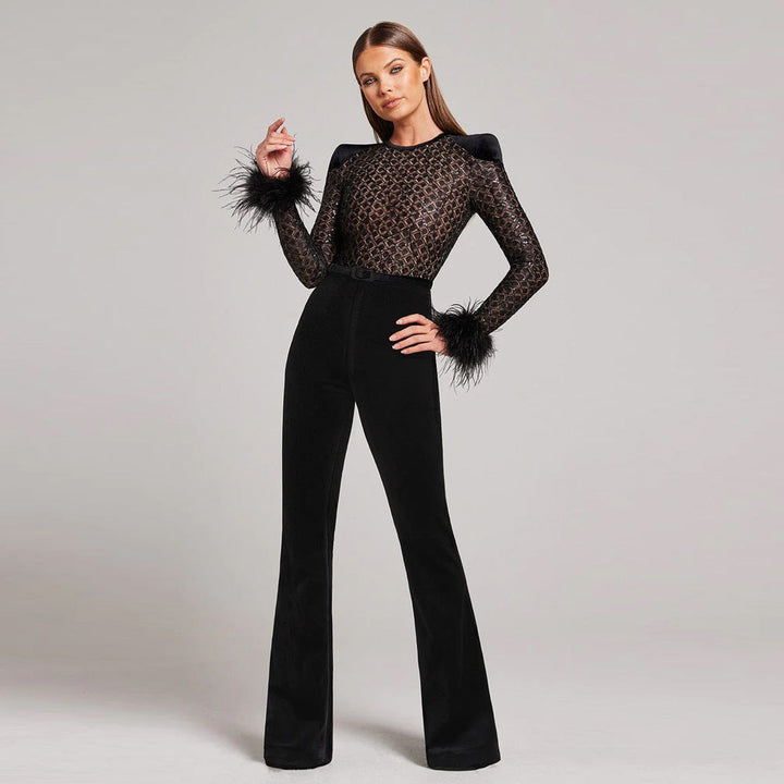 Faith I Fur Sleeves Lace Slim Fit Jumpsuit