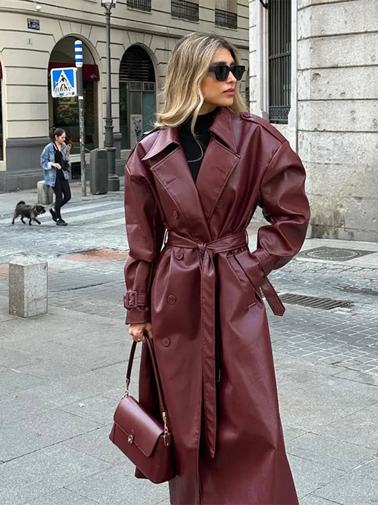 GEORGIA I Chic Oversized Leather Long Coat