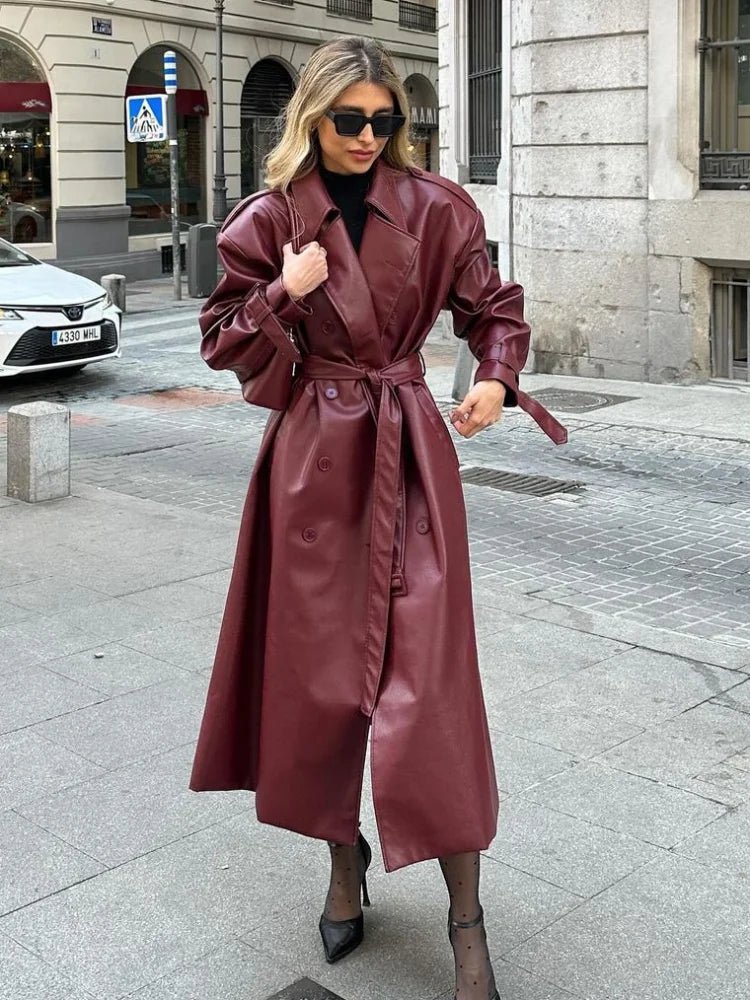 GEORGIA I Chic Oversized Leather Long Coat